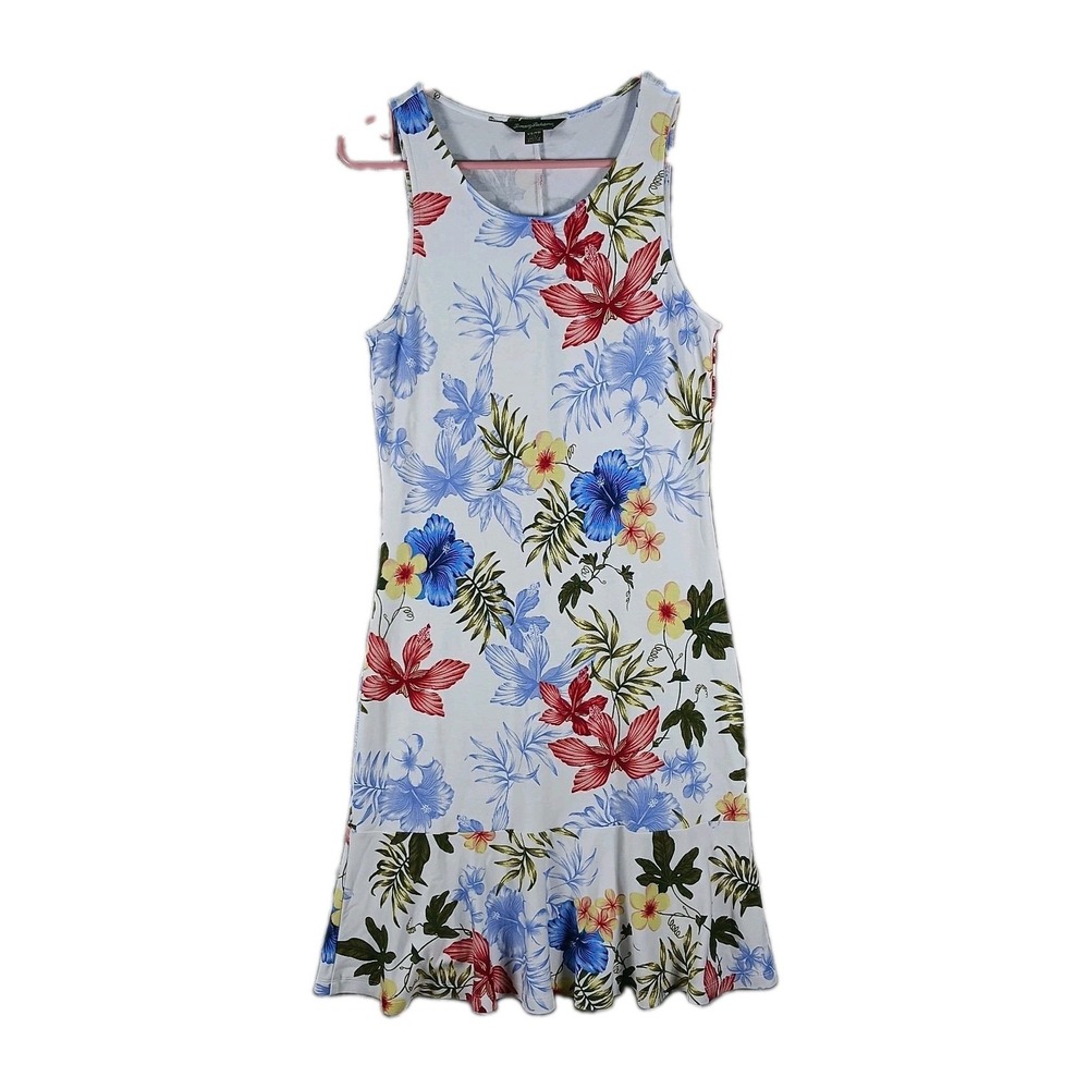 Tommy Bahama Dress XS White Blue Floral Sleeveless Plumeria Hibiscus Tropical